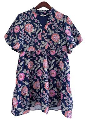 THML Floral Split V Neck Dress Size Small in Blue Floral Multi